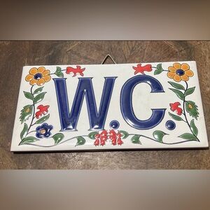 Ceramic W.C. Bathroom Sign Hand Painted Floral Tile Plaque Cottage European